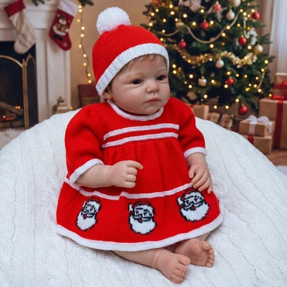 Hand Knitted Baby Christmas Santa Dress and Hat Set 0 to 3 Months 