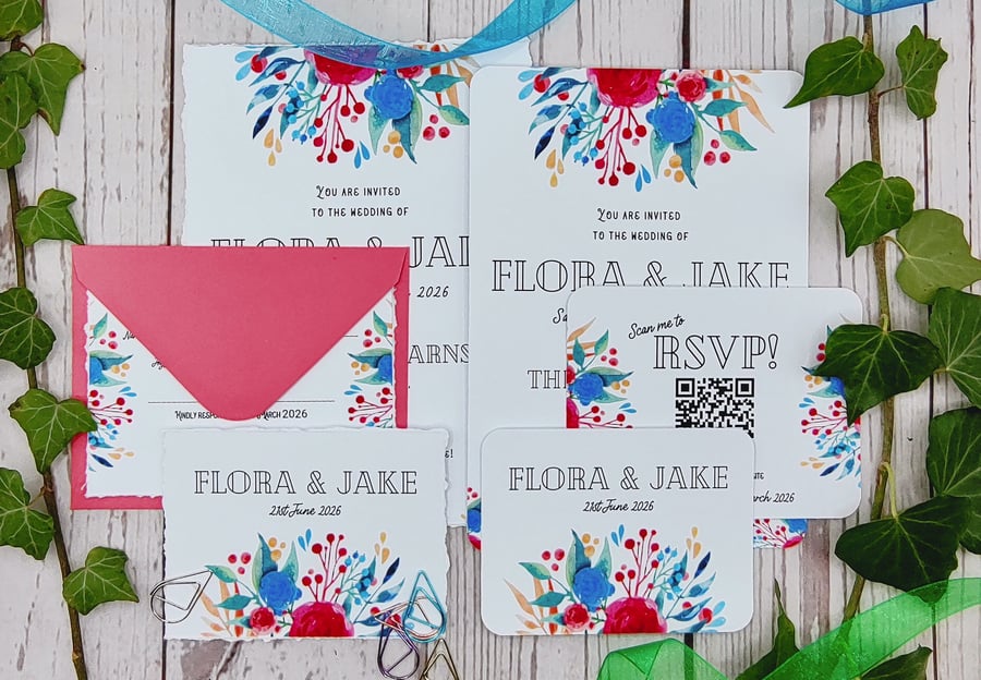 Watercolor Floral Wedding Invitation: Boho Ribbon or Clips, RSVP