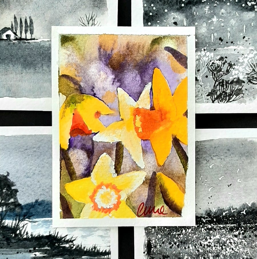 Little Gift. Art Trading Card Of Daffodils. ACEO Collectible Original, Not Print