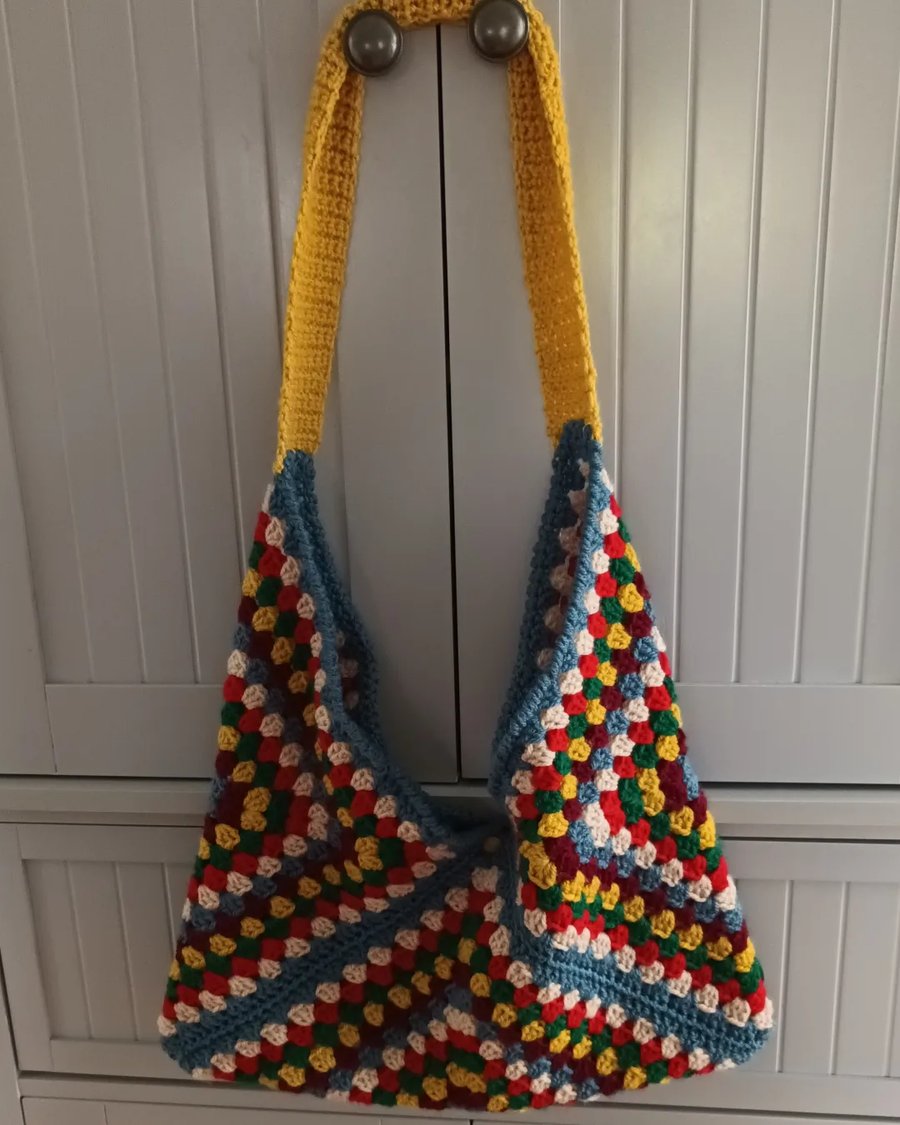 Crochet and fabric combination shoulder bag, shopping bag, tote bag, student bag
