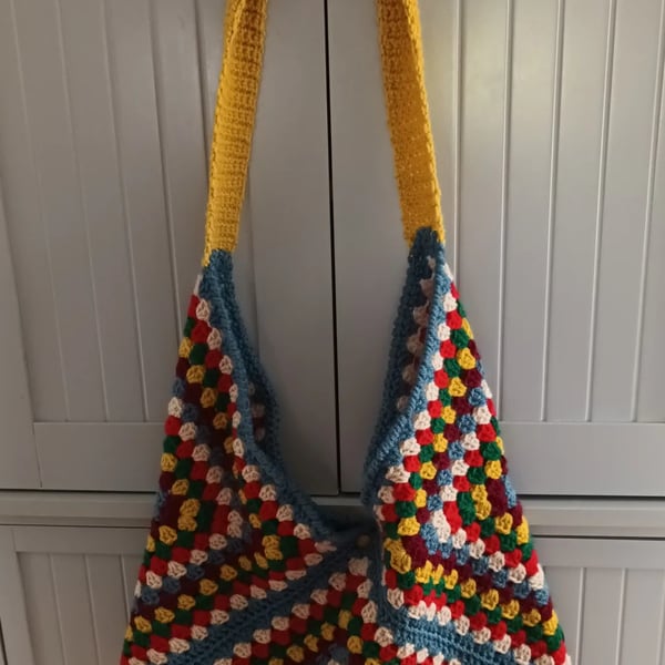 Crochet and fabric combination shoulder bag, shopping bag, tote bag, student bag