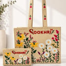 Handmade Embroidered Jute Tote Bag with Small Wallet - Floral Artisan Bag