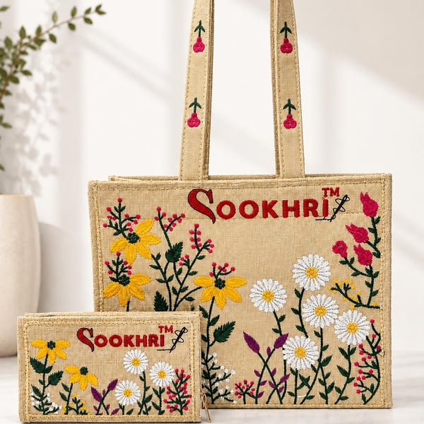 Handmade Embroidered Jute Tote Bag with Small Wallet - Floral Artisan Bag