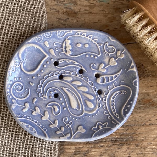 Soap Dish with Drainage handmade pottery Blue Paisley