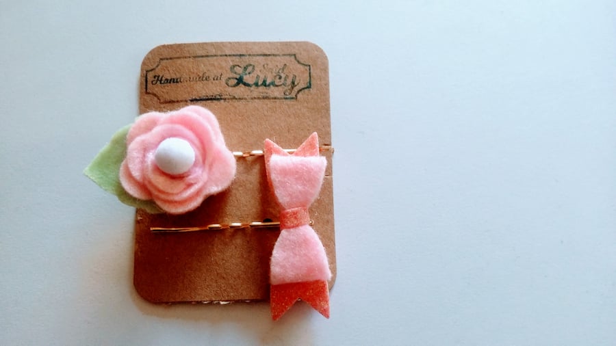Stunning pink felt  bow and flower bobby pins