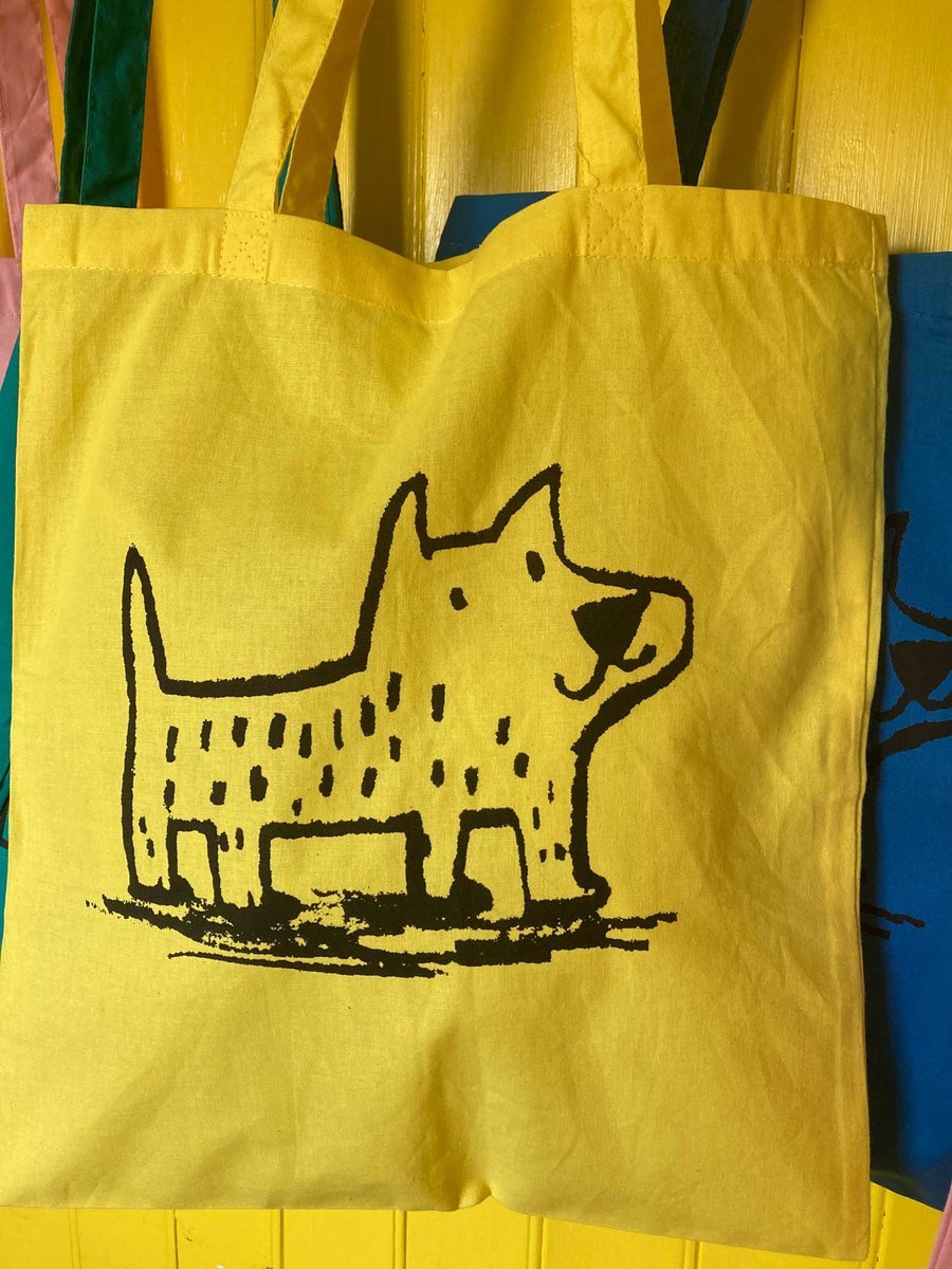  yellow tote bag with cute dog print by Jo Brown happytomato