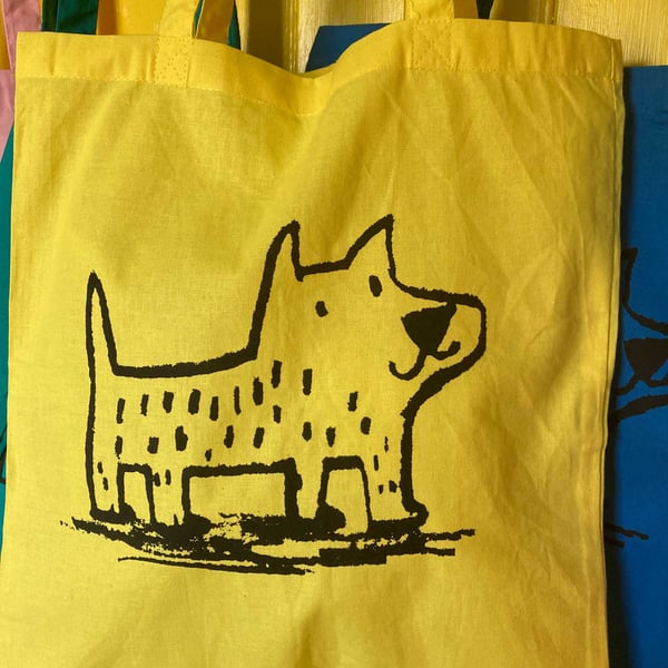  yellow tote bag with cute dog print by Jo Brown happytomato