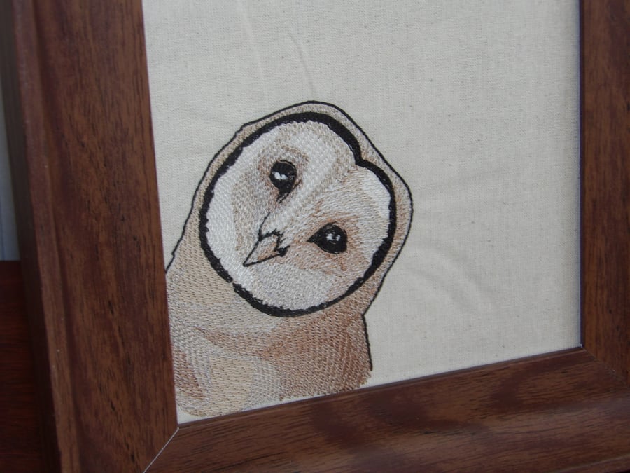 Peeking barn owl embroidery framed 9" x 9" walnut effect frame 