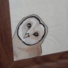 Peeking barn owl embroidery framed 9" x 9" walnut effect frame 