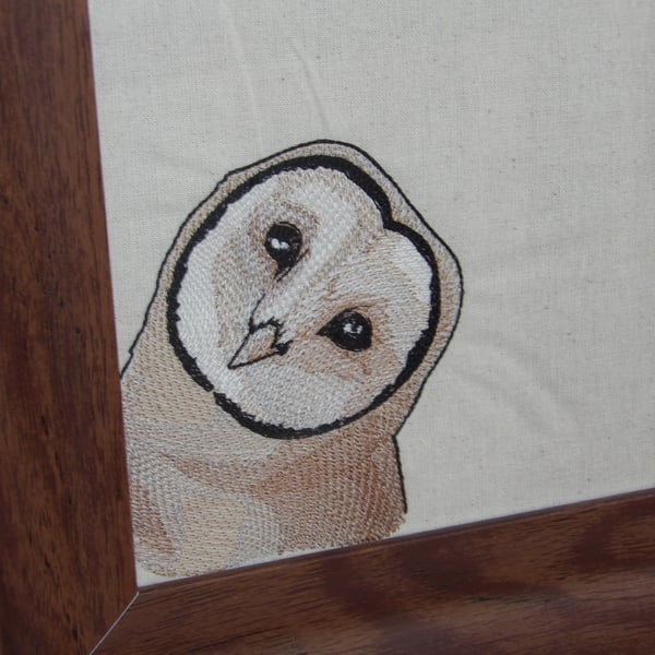 Peeking barn owl embroidery framed 9" x 9" walnut effect frame 