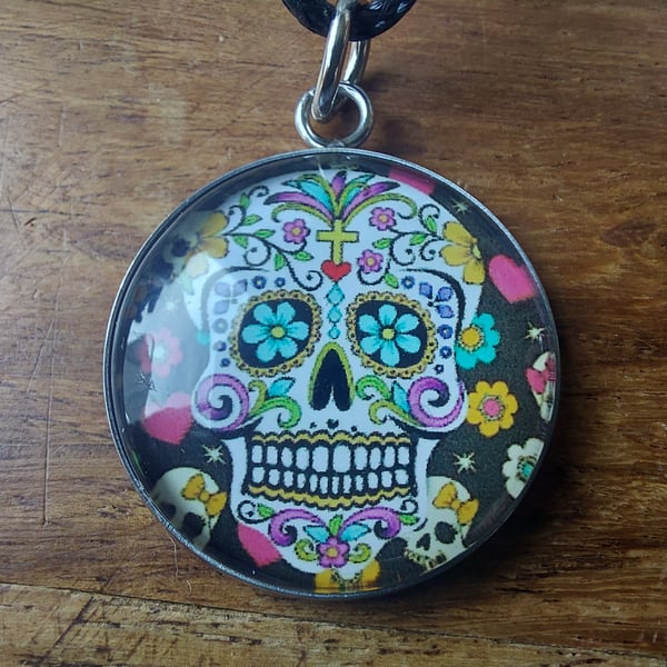  Candy Skull 25mm Glass Cabochon Stainless Steel Necklace