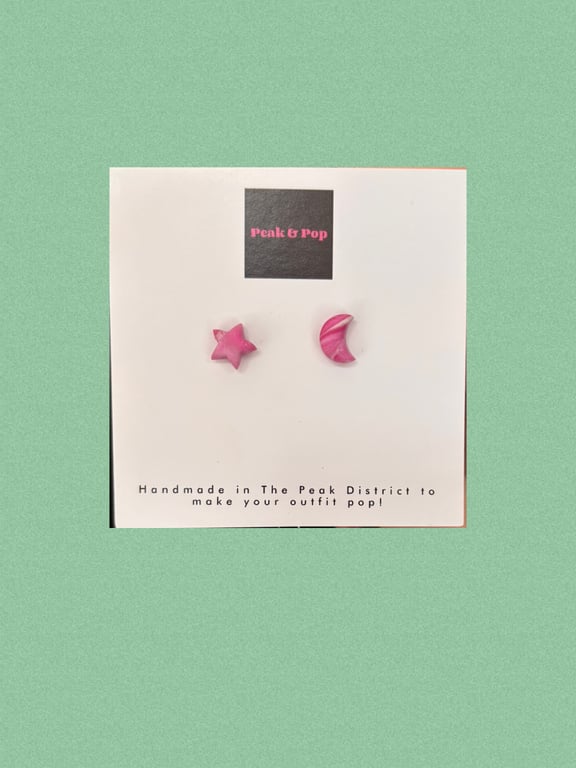 Playful Galaxy Earrings – Pink Star & Moon Mismatched Studs