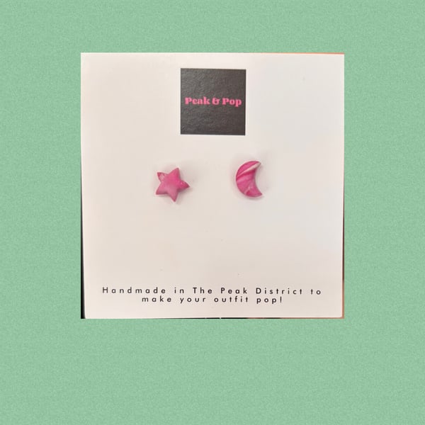 Playful Galaxy Earrings – Pink Star & Moon Mismatched Studs
