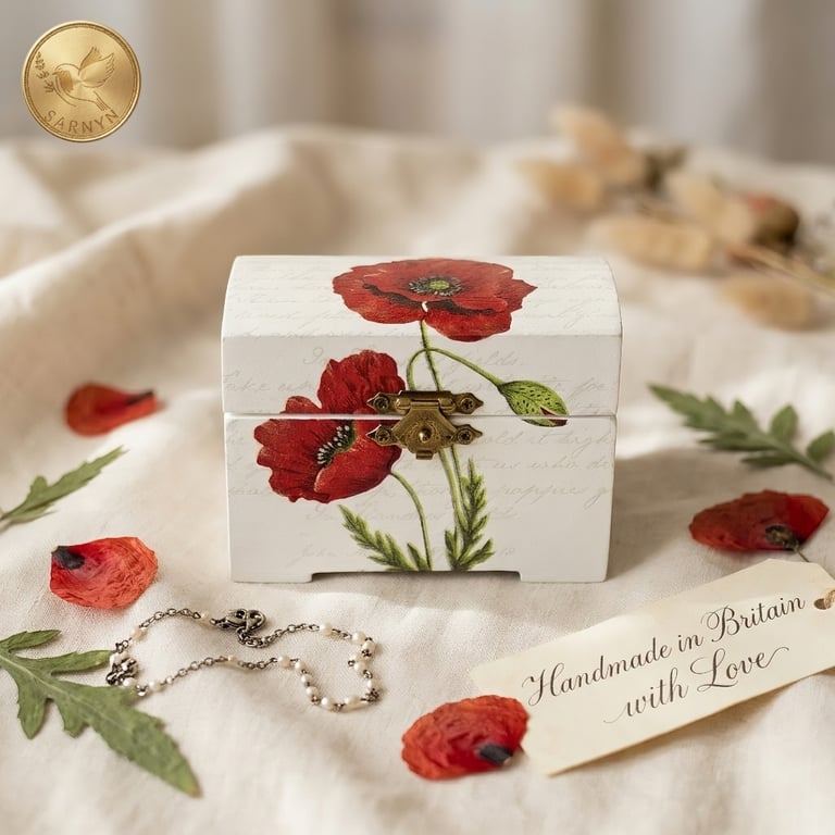 Handcrafted Red Poppy Decoupage Wooden Keepsake Box Gift