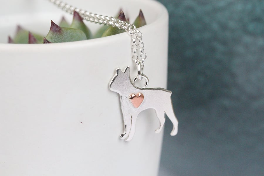 Boston terrier silver necklace with copper heart