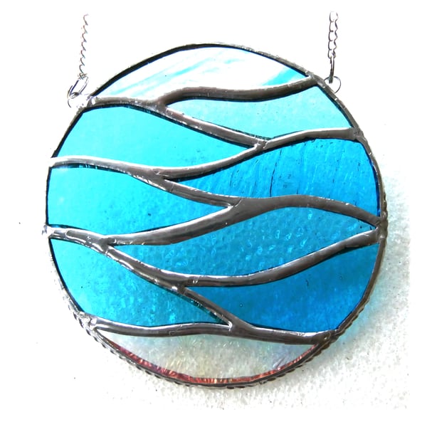  Making Waves Aqua Stained Glass Suncatcher Handmade Ring Sea