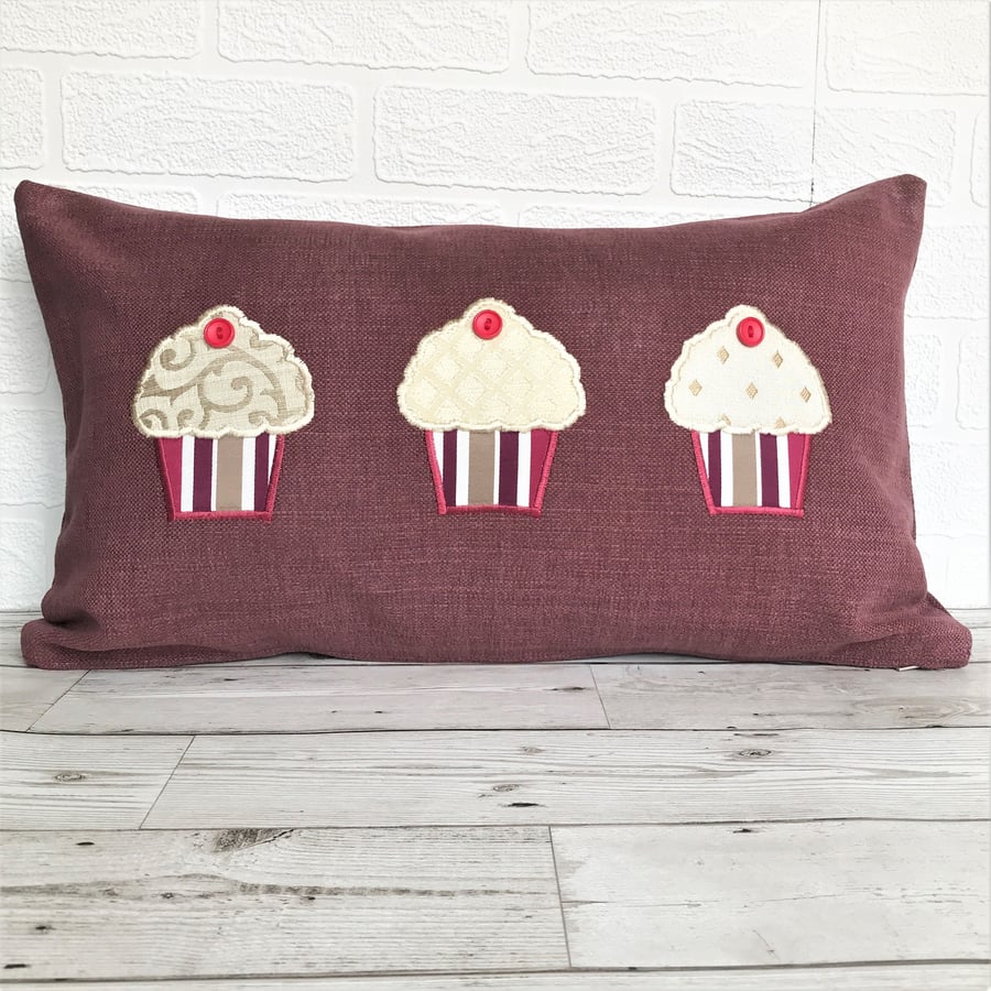 SALE, Cupcakes cushion in plum rectangular cushion with applique cupcakes