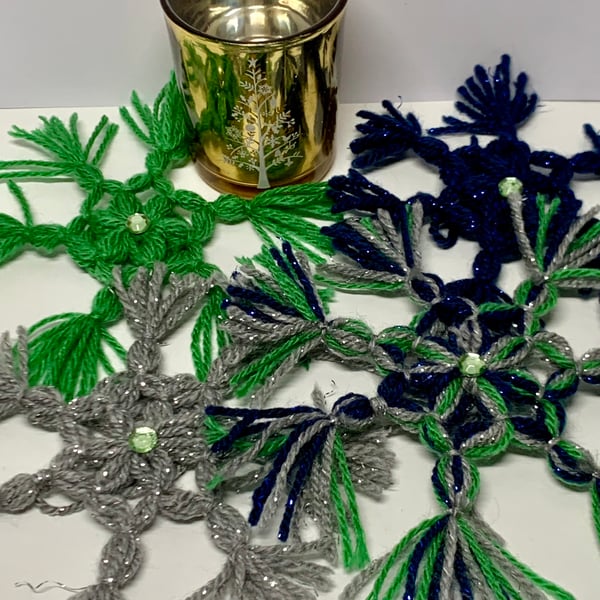 Handmade Wool Snowflake Christmas Decorations Set Of Four