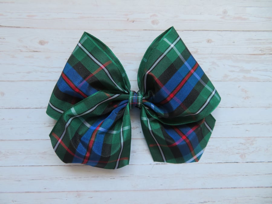 Rose Tartan Retro Style Clip In Hair Bow Green Blue & Red 