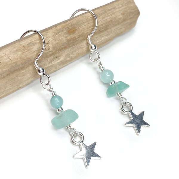 Star Earrings. Green Sea Glass & Amazonite Crystal Beads. Silver Jewellery