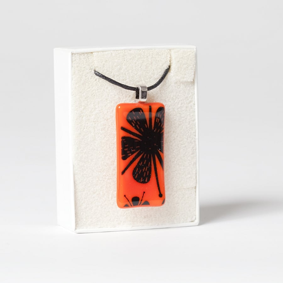 Glass Pendant with Black Flowers Screen Printed Kiln Fired Enamel