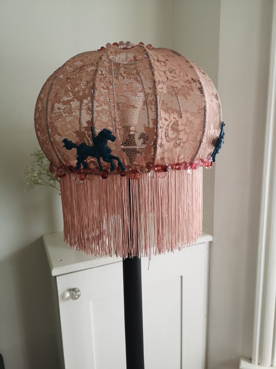 Pink lace lampshade with fringe carousel horse fairground red beads pearl trim