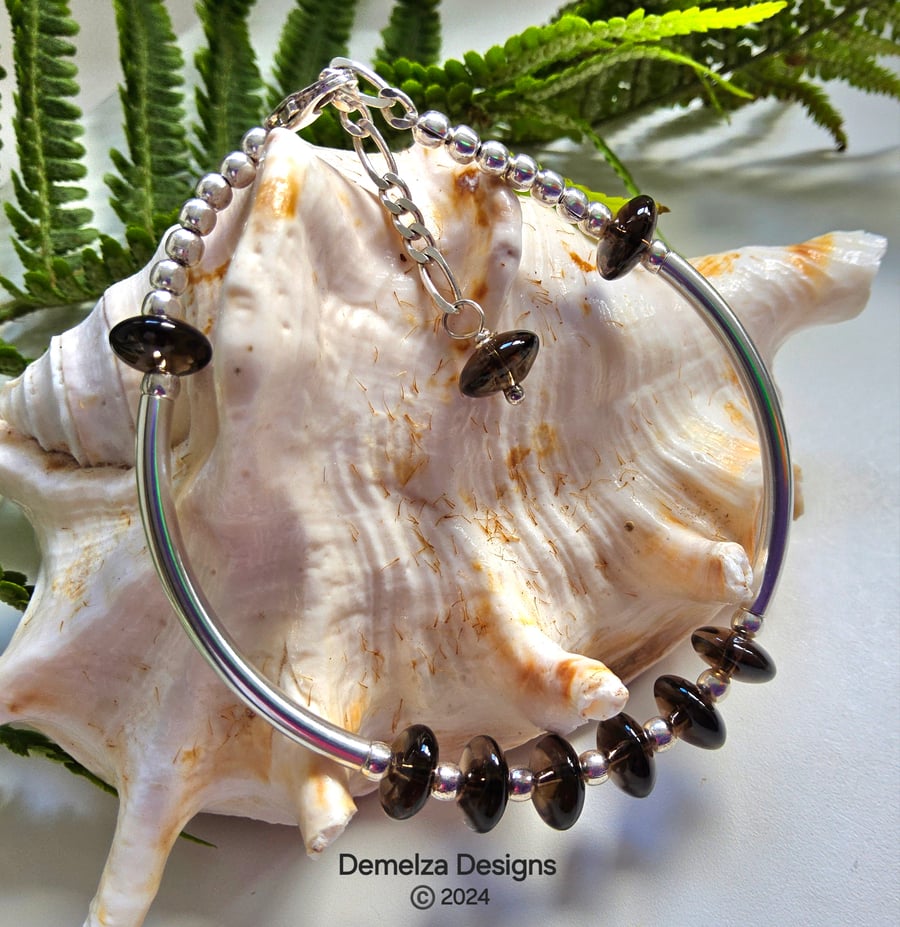 Smokey Quartz Heavy Weight  Sterling Silver Noodle -Bangle Style Bracelet