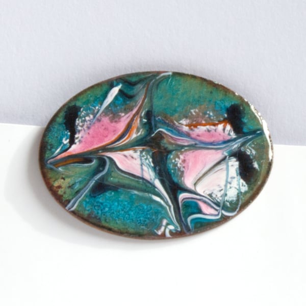 Oval brooch - Pink, White and Black on Blue-Green over clear enamel