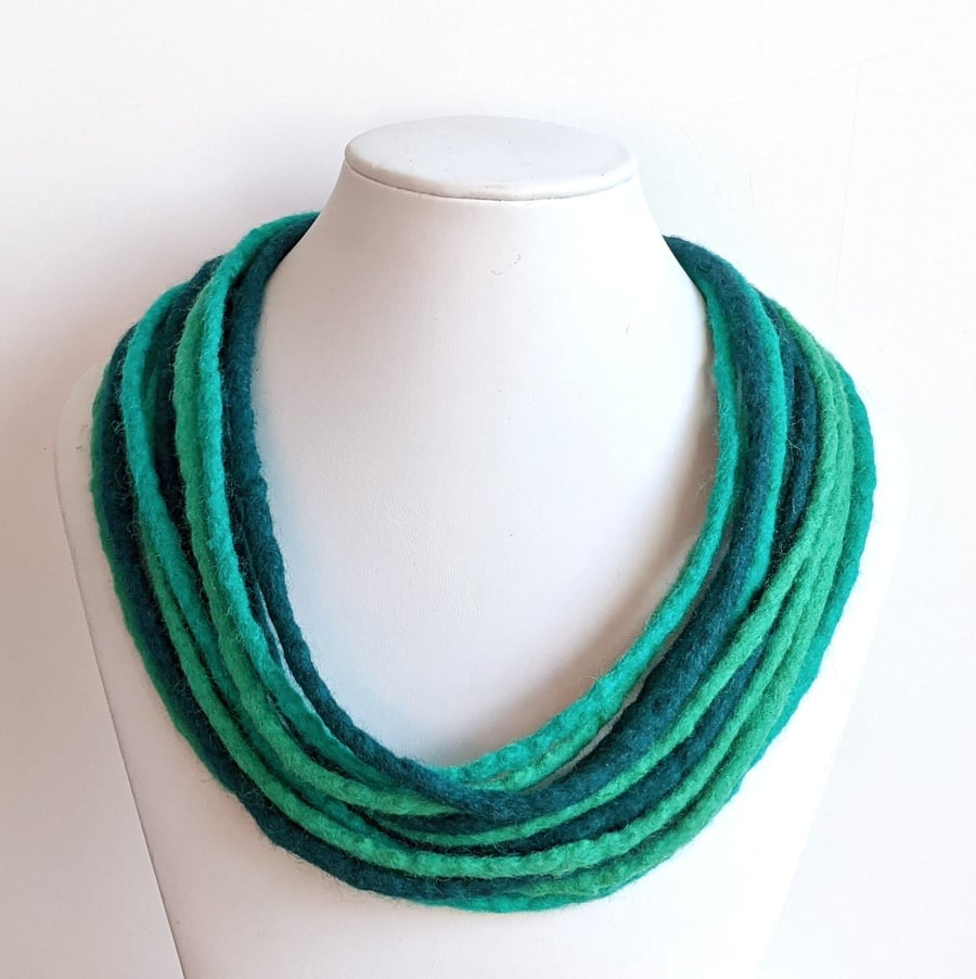 Felted cord necklace in shades of jade