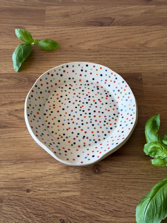 Ceramic Dotty Spoon Rest, Colourful Pink, Orange, Blue & Black Design Handmade