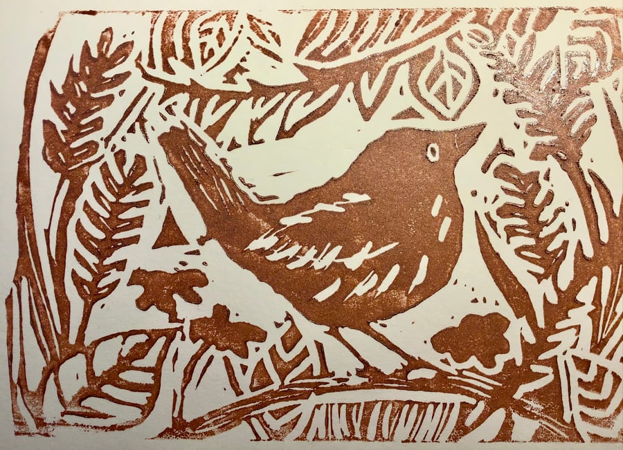 Little bird - bronze. Lino print card.