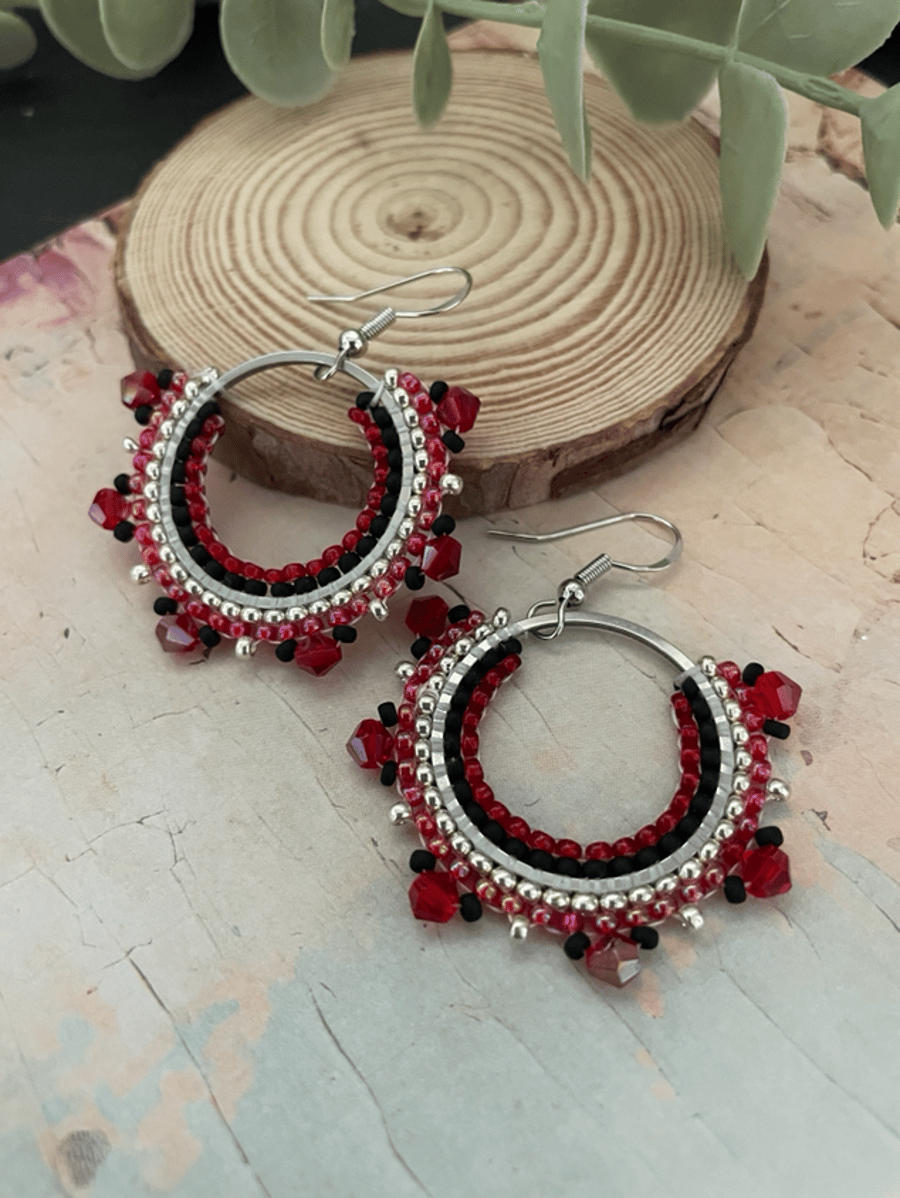 Black and red beaded statement hoop earrings, boho accessories, girlfriend gift 