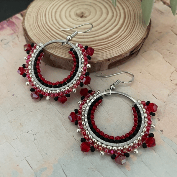 Black and red beaded statement hoop earrings, boho accessories, girlfriend gift 