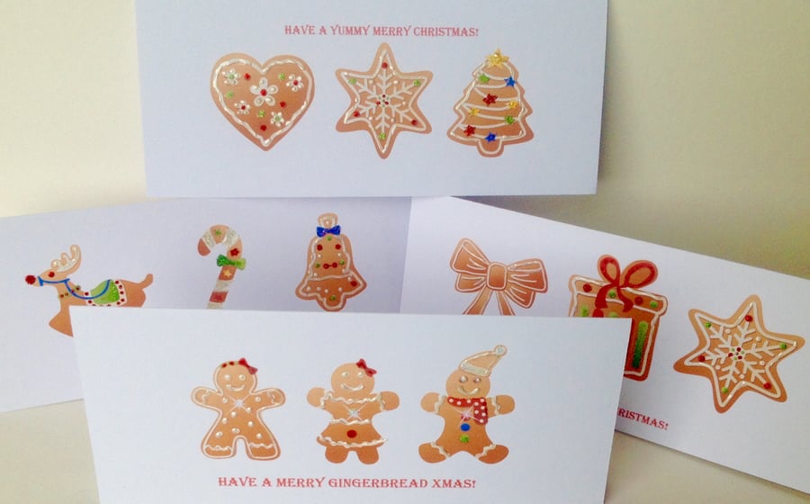 Christmas Cards,Five Pack,Xmas Gingerbread Theme,Handmade
