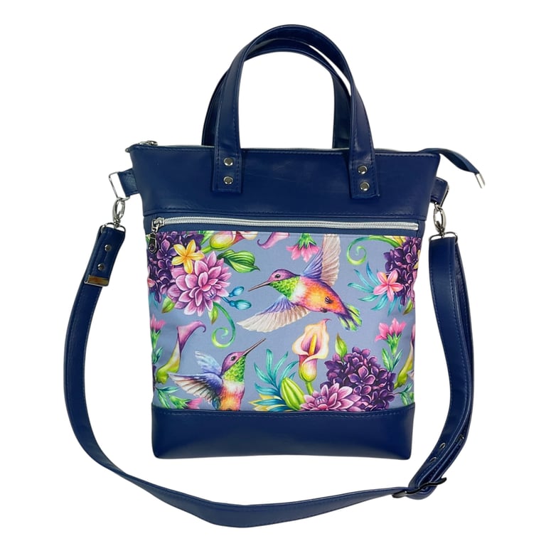 handbag in faux leather and hummingbird print, carry handles tote, medium size