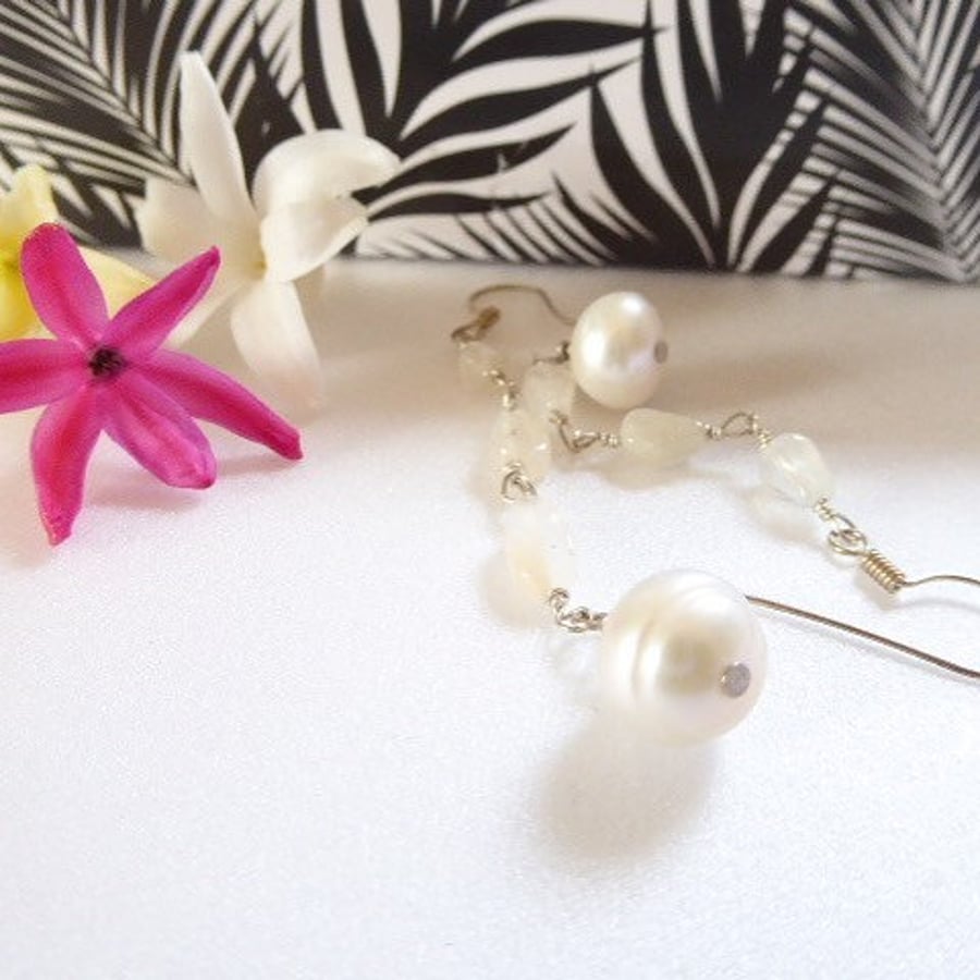 white moonstone and pearls bridal earrings in sterling silver, long prom earring