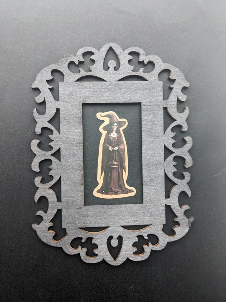 Gothic Witch Framed Art – Skeleton Sorceress Miniature – Dark Academia Wall