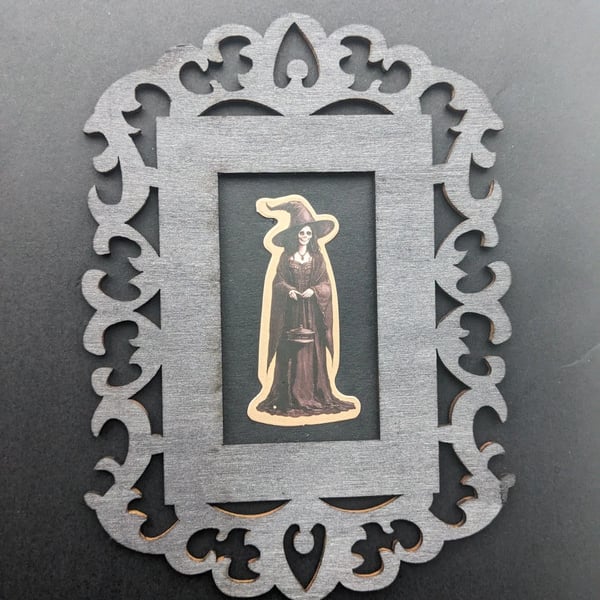 Gothic Witch Framed Art – Skeleton Sorceress Miniature – Dark Academia Wall