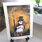 Steampunk style Mr Puffin under an old street light.  Original painting.  