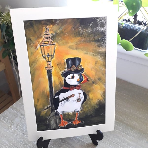 Steampunk style Mr Puffin under an old street light.  Original painting.  
