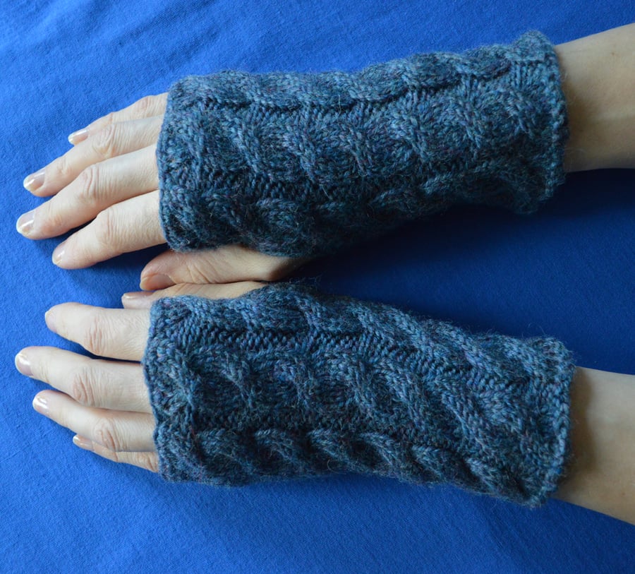 Woollen Wrist Warmers Cable Knit fingerless gloves, mittens in blue jeans colour