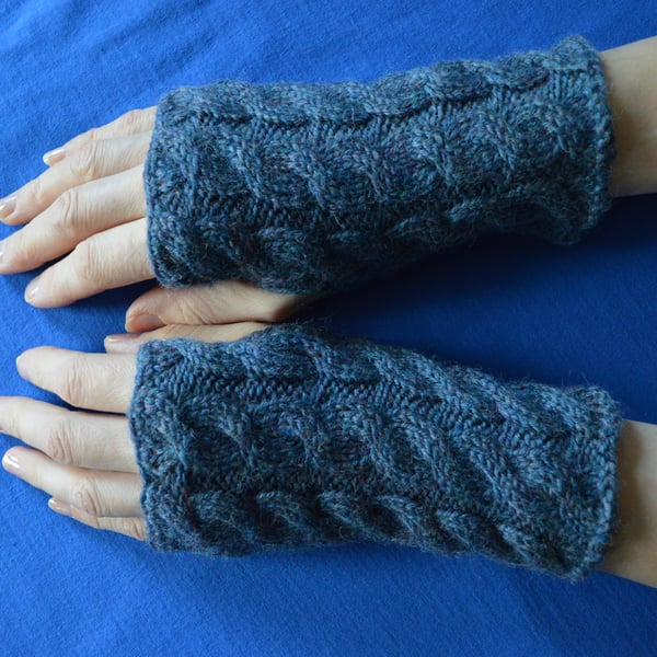 Woollen Wrist Warmers Cable Knit fingerless gloves, mittens in blue jeans colour