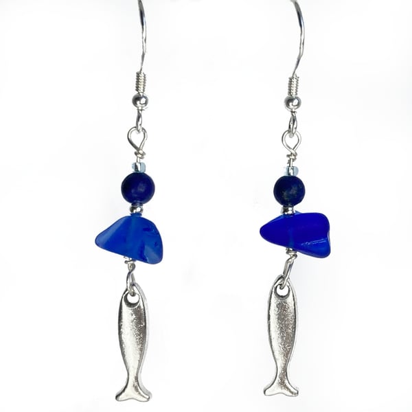 Fish Earrings. Blue Sea Glass & Lapis Lazuli Crystal Beads - Silver Jewellery
