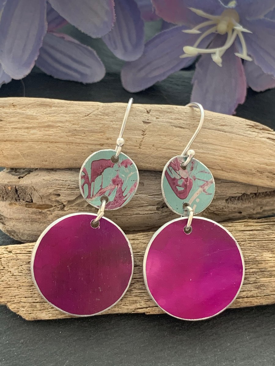 Printed Aluminium drop earrings - Duck egg blue and cerise pink