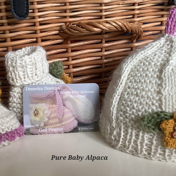 Luxurious Baby Girl's Floral Booties & Hat Set Pure Baby Alpaca' 0-6 months 