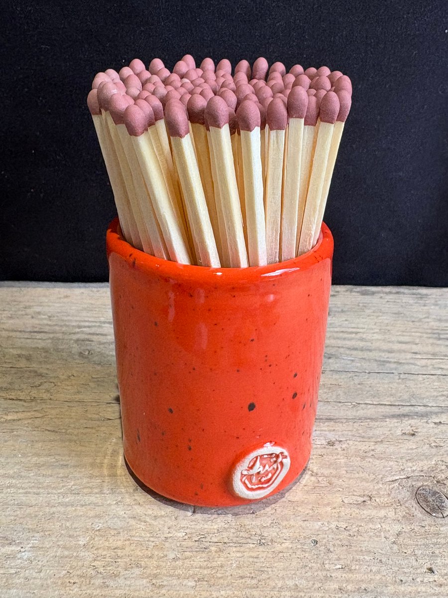 Glazed stoneware match pot with matches - sunspot orange