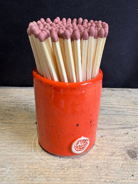 Glazed stoneware match pot with matches - sunspot orange