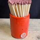 Glazed stoneware match pot with matches - sunspot orange