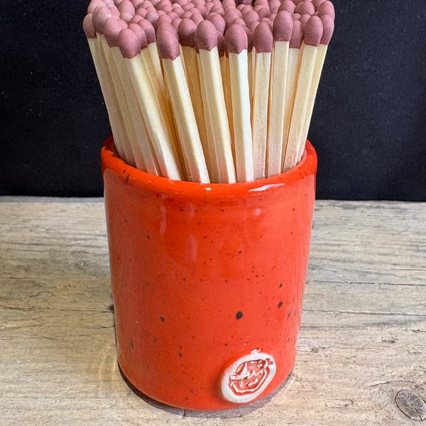 Glazed stoneware match pot with matches - sunspot orange