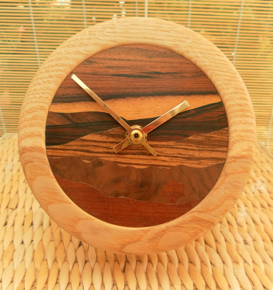 Clock, Hand Cut Wood Veneered Face and Lathe Turned Surround